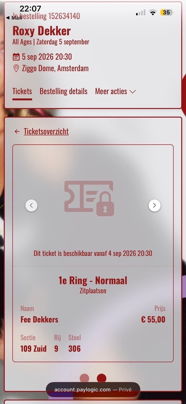 Roxy dekker ziggodom kaarten 4 September zitplaatsten, Tickets en Kaartjes, Twee personen, September
