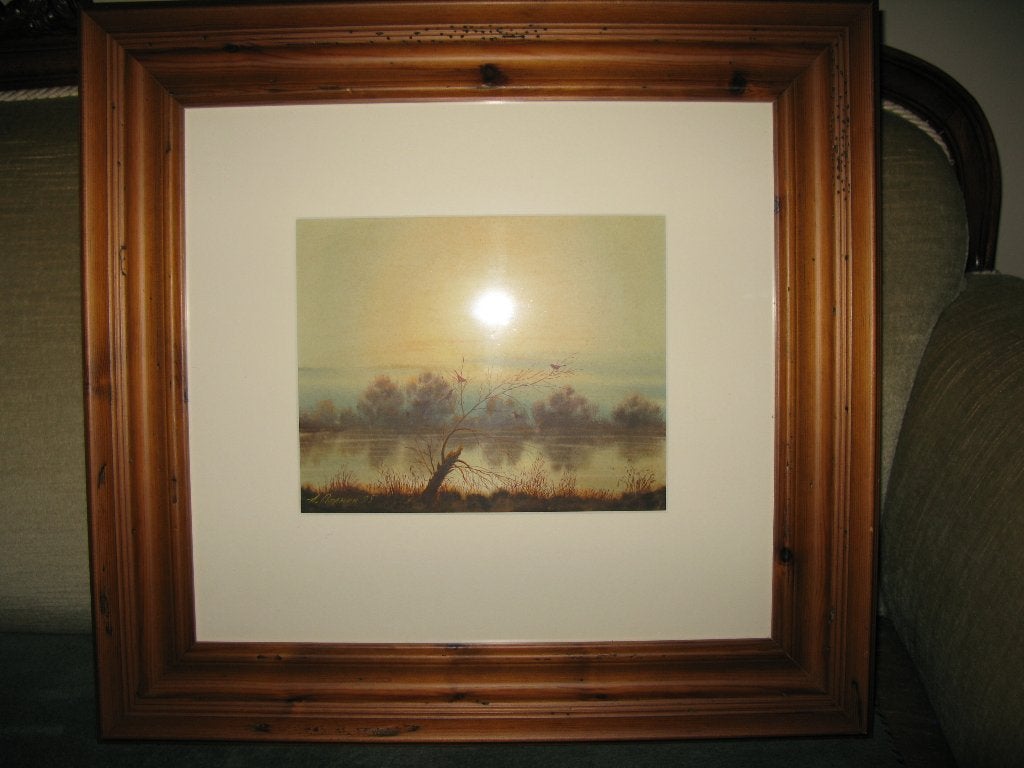Aquarel Zonsondergang, mooie houten lijst met antieke finish, Ophalen of Verzenden
