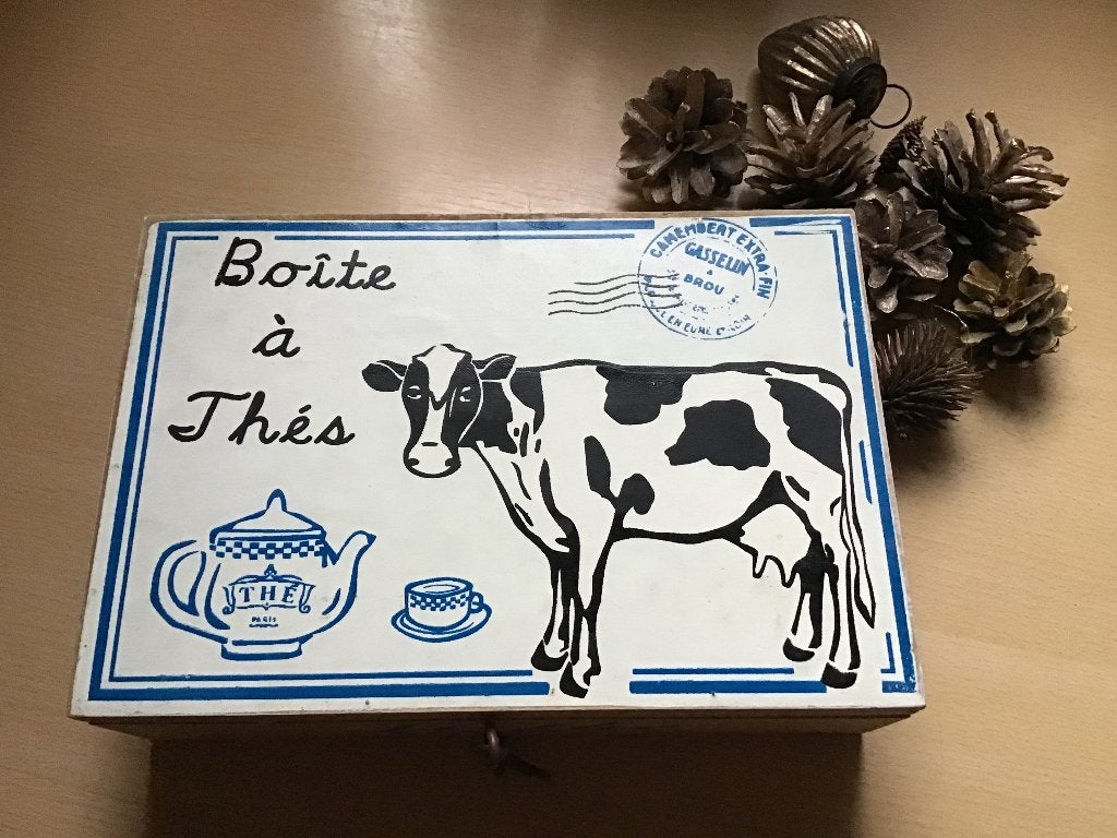 Houten theedoos, Frankrijk, Vintage, Brocante, Huis en Inrichting, Keuken | Servies, Gebruikt, Overige merken, Overige typen, Vintage