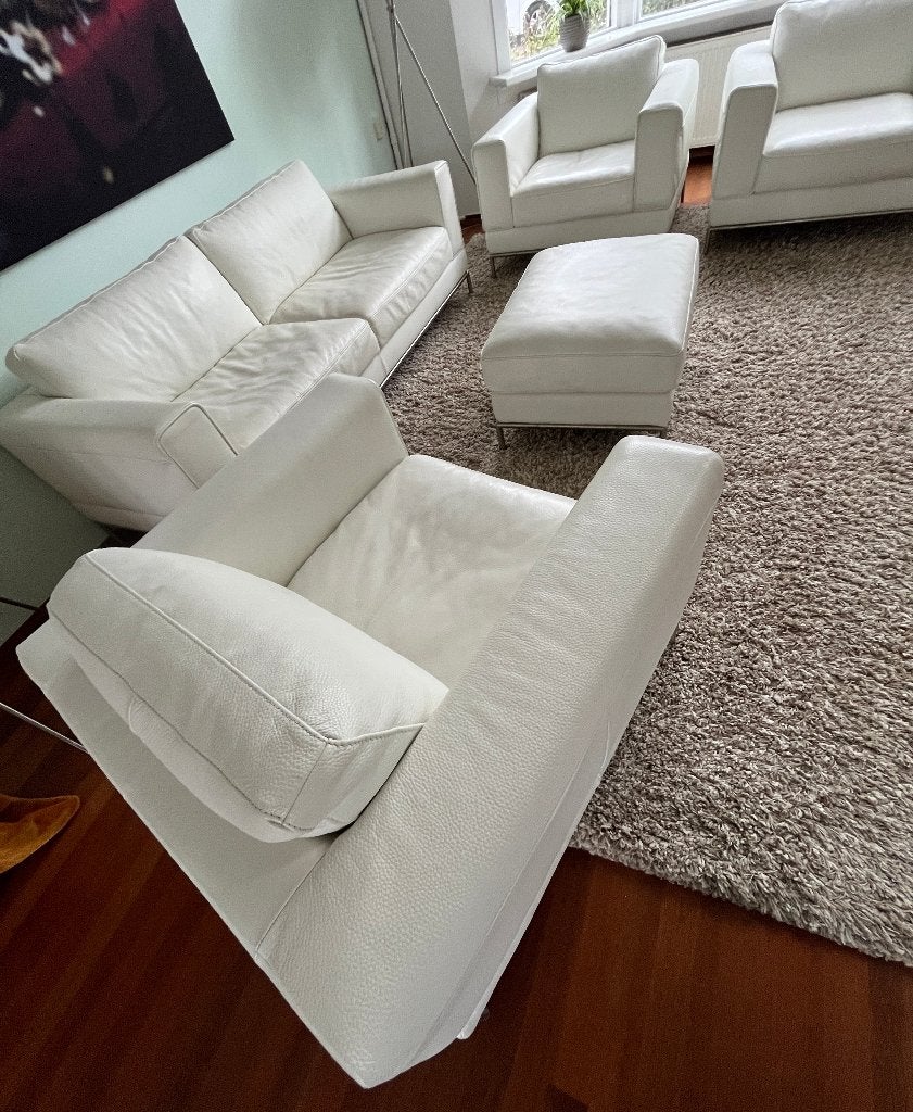 IKEA ARILD wit leren 3-zits bank + 3x fauteuil + hocker/poef, Ophalen, Gebruikt, Driepersoons, 75 tot 100 cm
