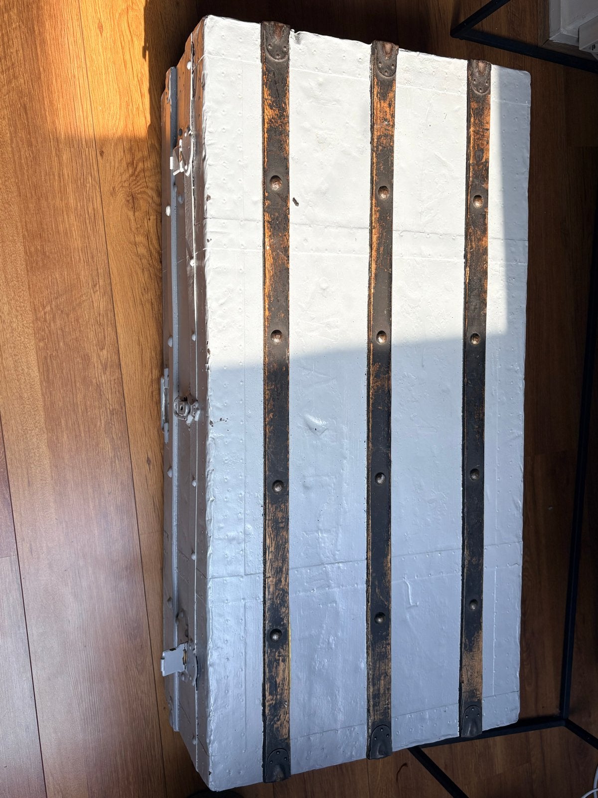 Vintage houten kist / dekenkist - grijs geverfd, Ophalen, Minder dan 50 cm, Gebruikt, 100 tot 150 cm