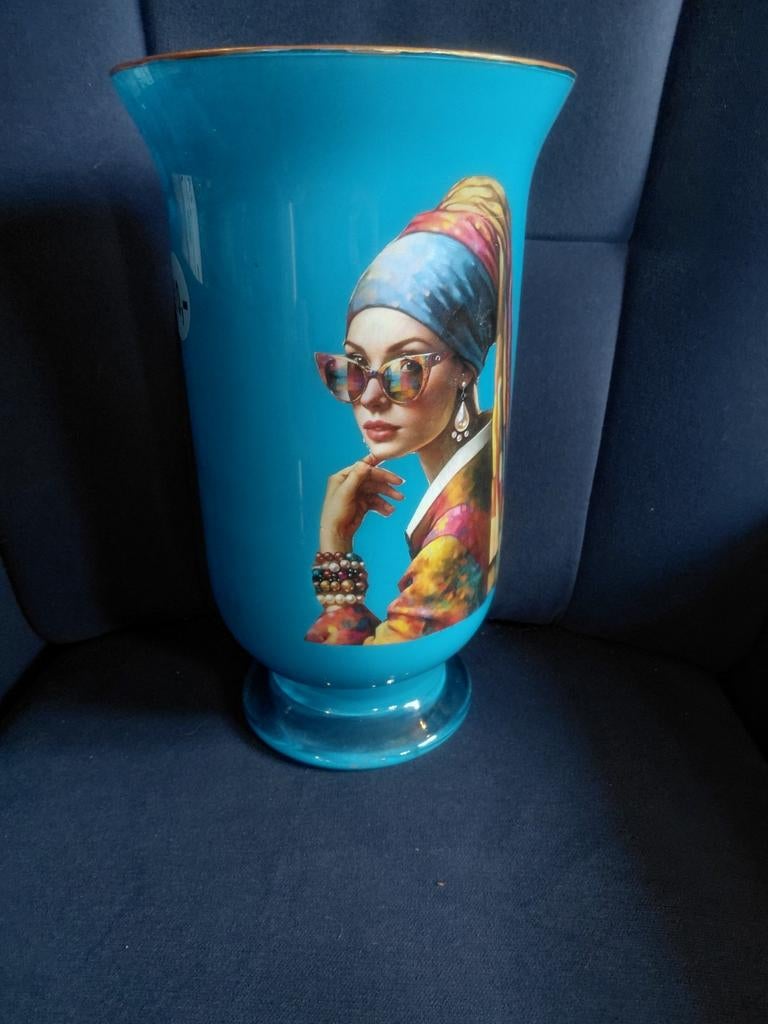 Glazen vaas met moderne 'Meisje met de parel' print, Ophalen