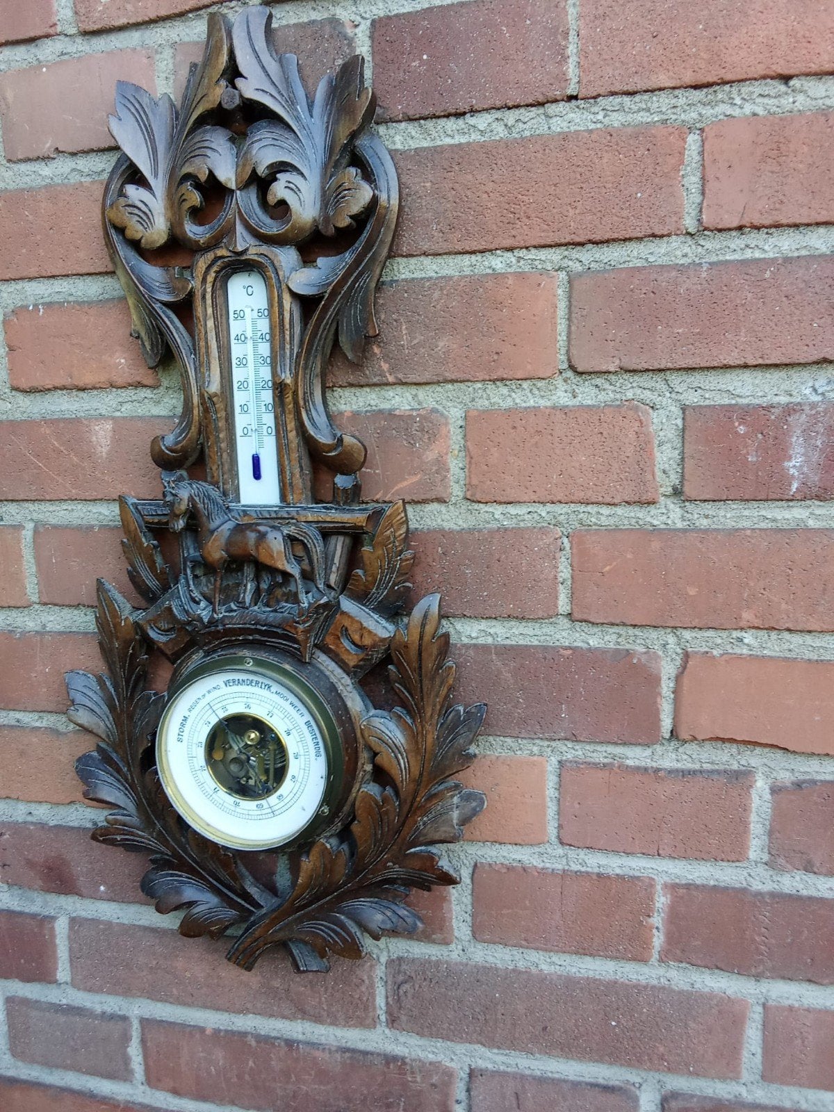 Antieke Barometer en Thermometer met Houten Snijwerk, Ophalen of Verzenden
