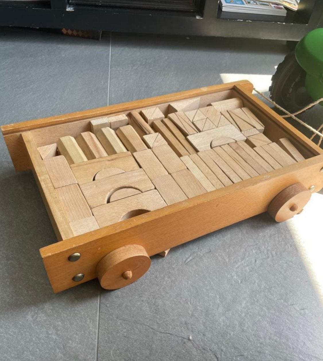 Vintage houten blokkenkar met beukenhouten blokken, Ophalen of Verzenden, Gebruikt, Overige merken