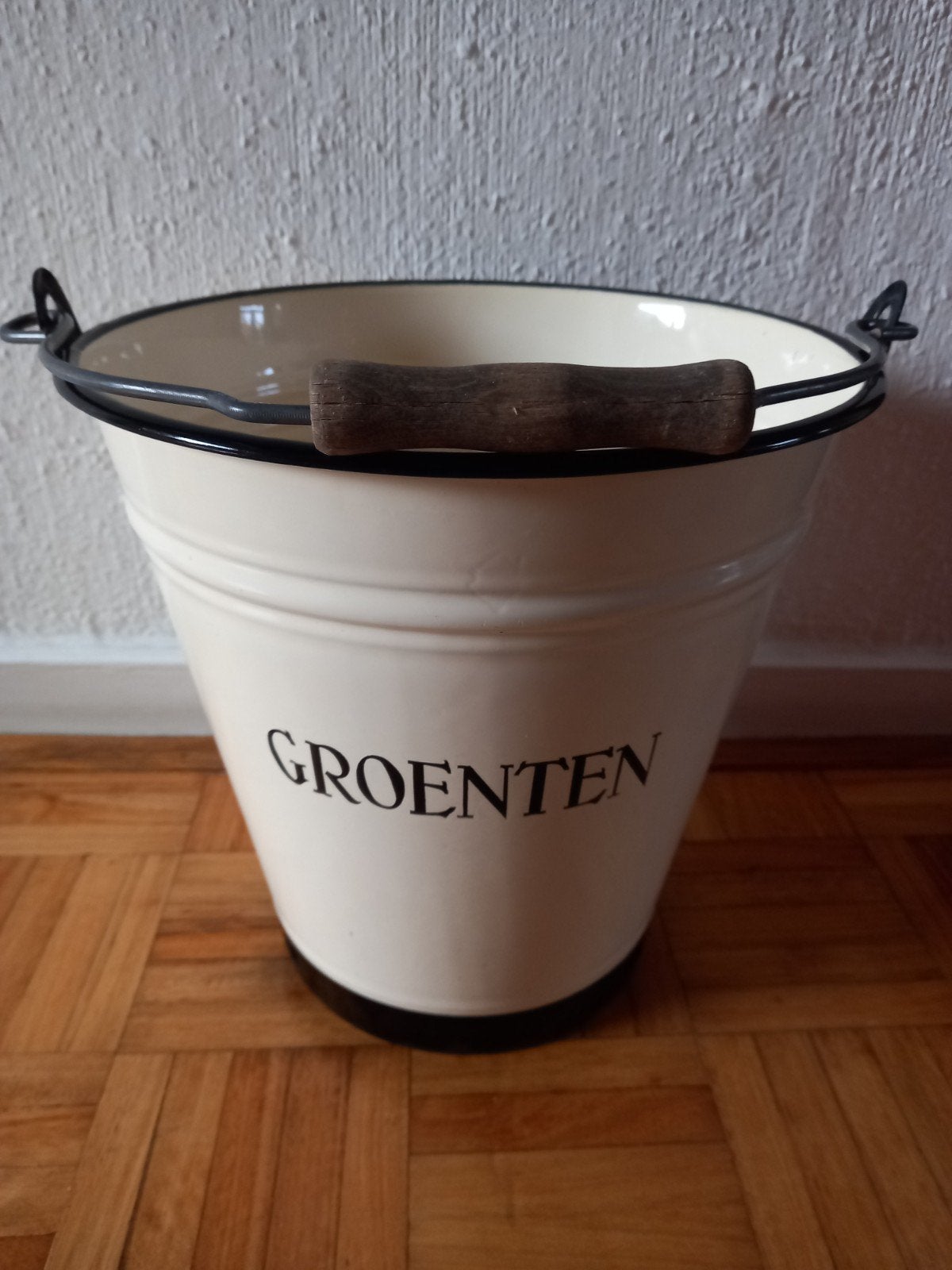 Mooie emaille emmer 'GROENTEN'/creme, Antiek en Kunst, Antiek | Emaille, Ophalen of Verzenden