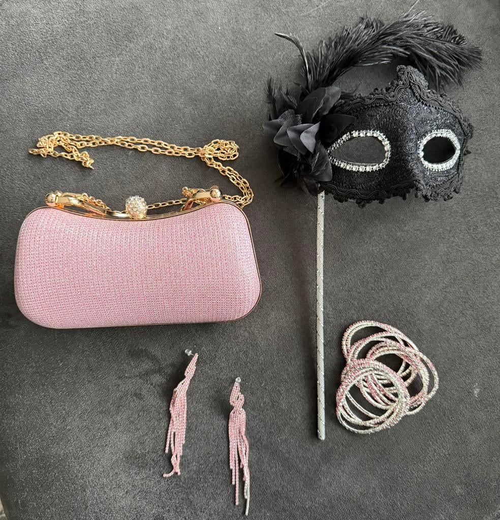 Strass oorbellen,tas,armband, Masquerade(Venetiaanse masker), Ophalen of Verzenden, Nieuw