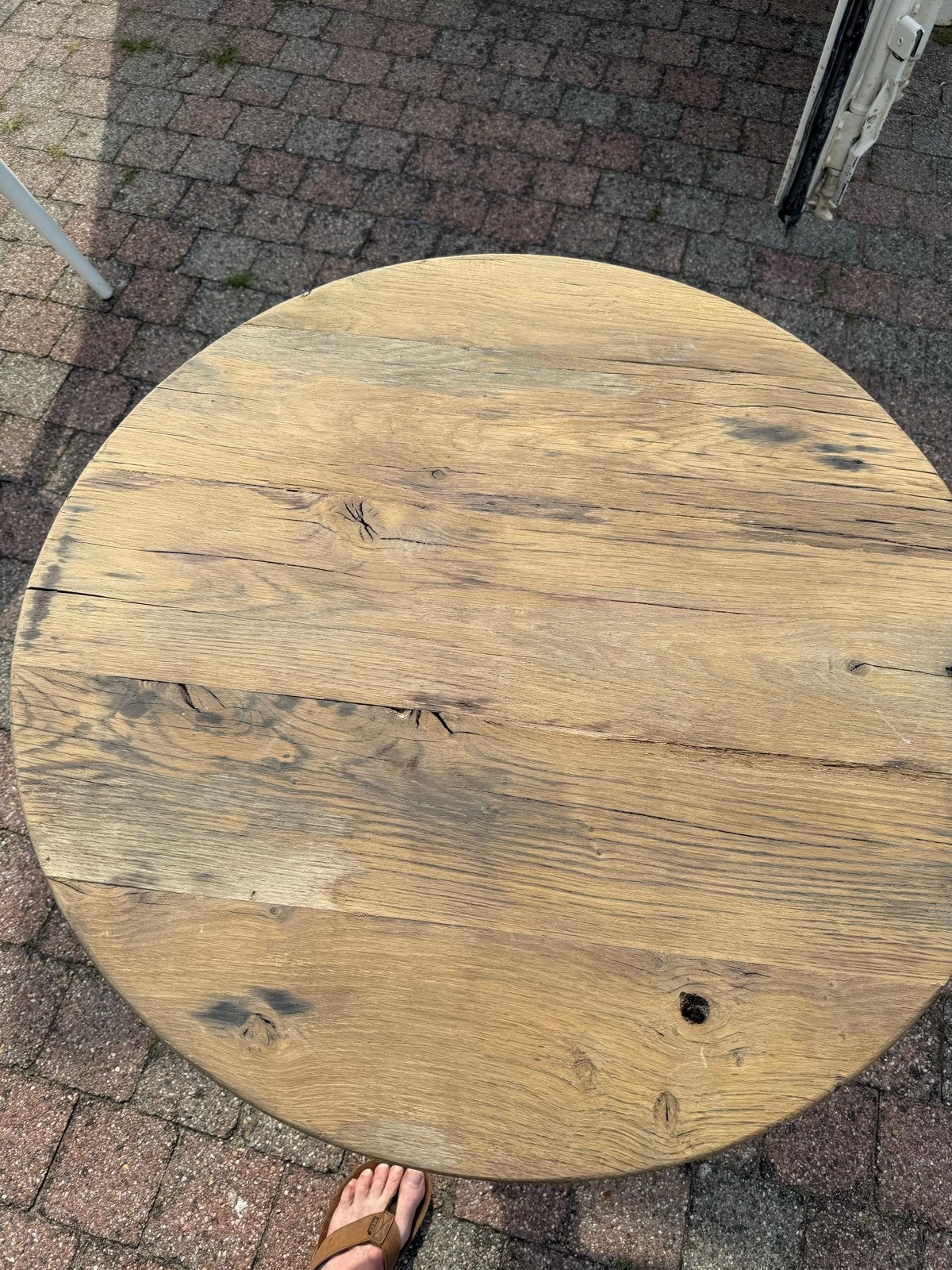 Eiken wagondelen tafel,hoog 76cm,doorsnede 78cm, Ophalen, Gebruikt, Rond, Tot twee personen