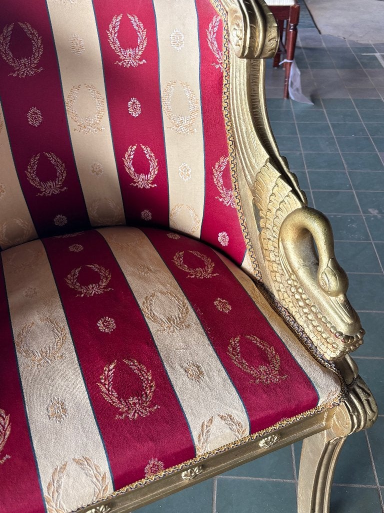 Empire Stijl Fauteuil Goud Zwanenhals Rood Beige  CS26898, Huis en Inrichting, Ophalen, Hout, Gebruikt, 50 tot 75 cm