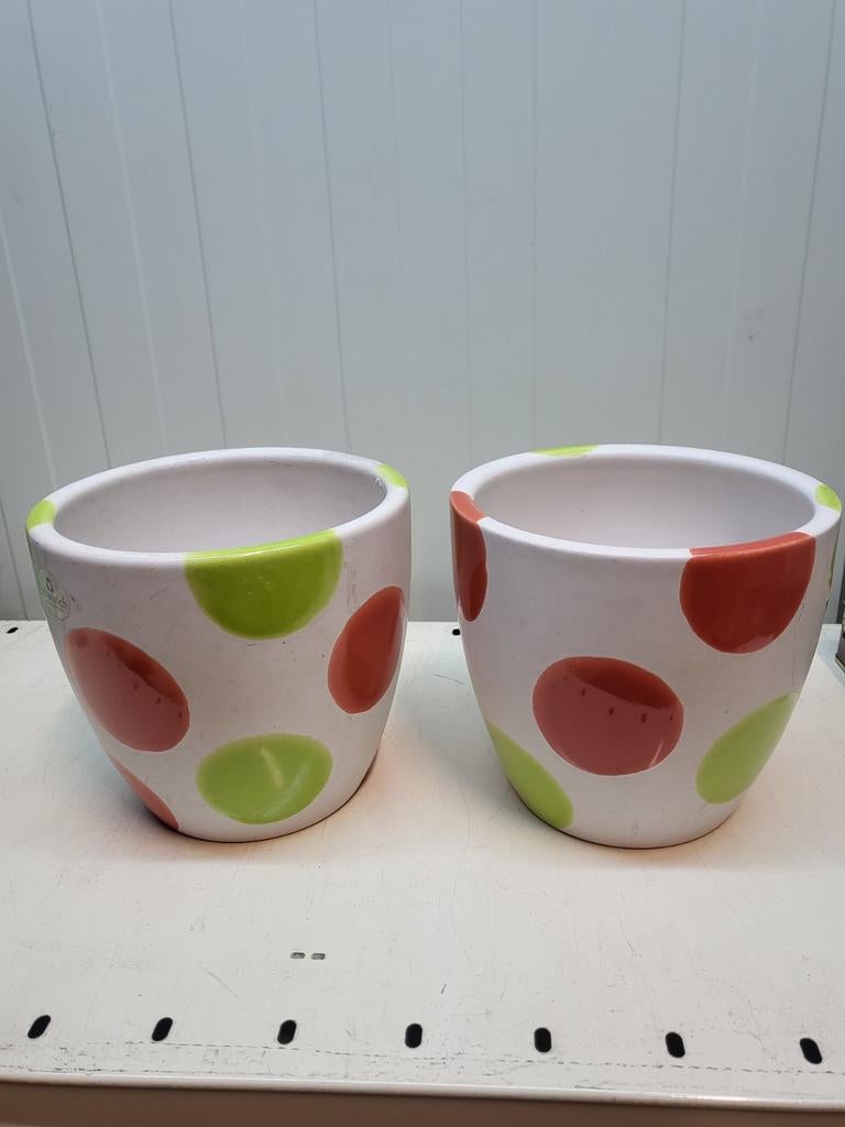 Set van 5 vrolijke bloempotten met stippen, Tuin en Terras, 25 tot 40 cm, Gebruikt, Rond, Ophalen of Verzenden
