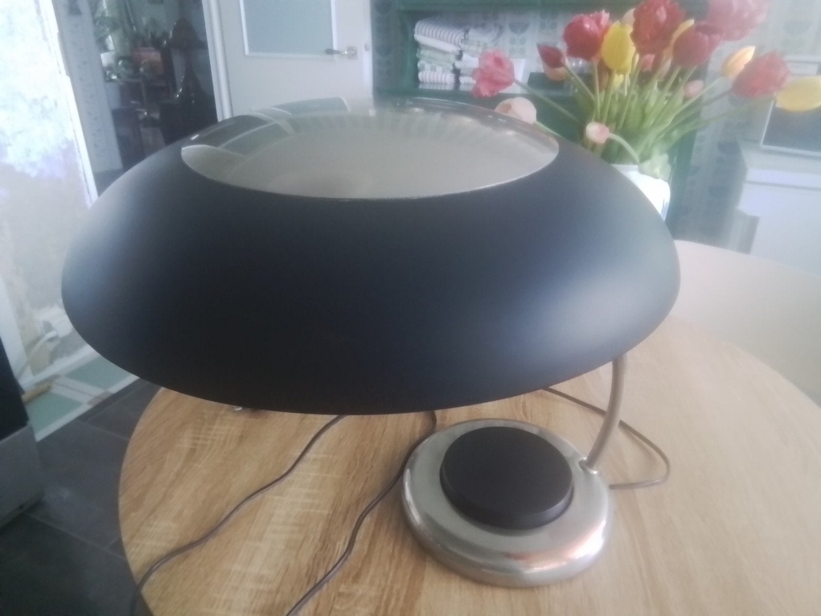 Vintage zware bureau lamp, zwart met chroom, Gebruikt, Industrieel, E27 (groot), Ophalen