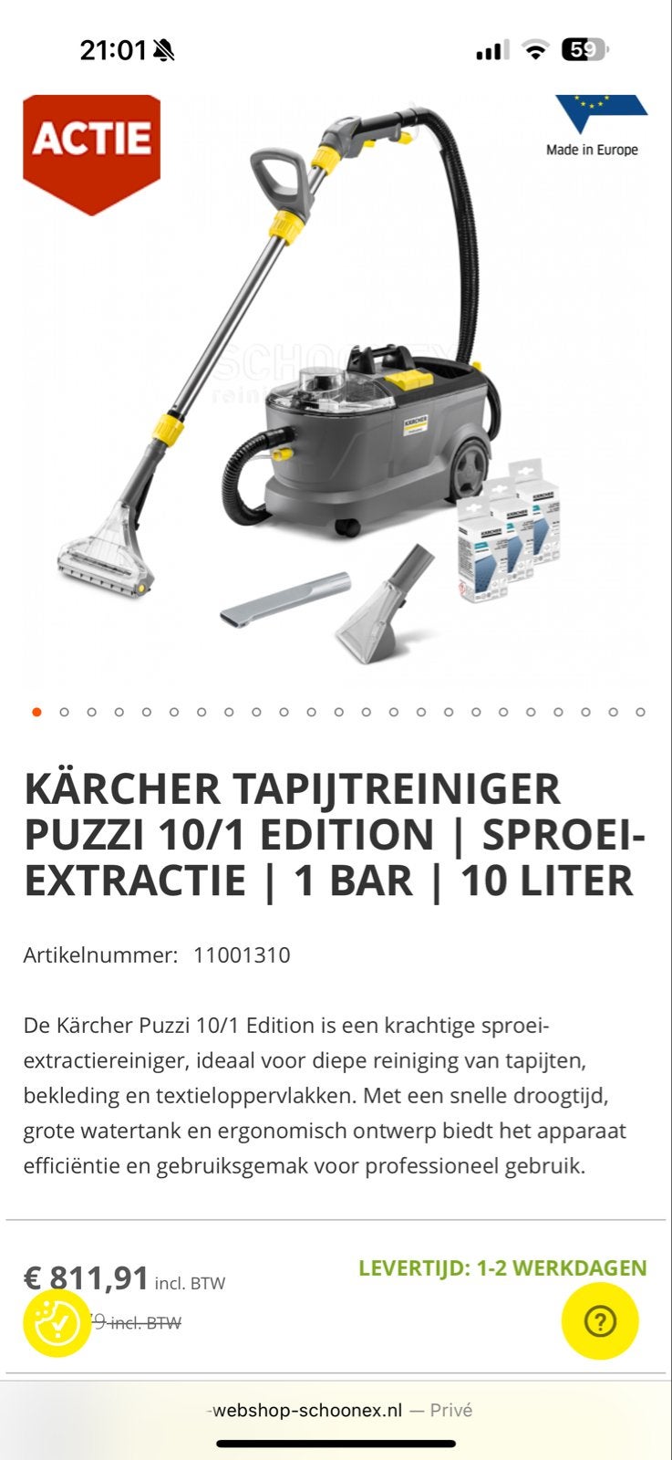Kärcher Puzzi 10/1 Edition Tapijtreiniger - Professioneel, Geschikt voor tapijt, Gebruikt, Kärcher, Verzenden
