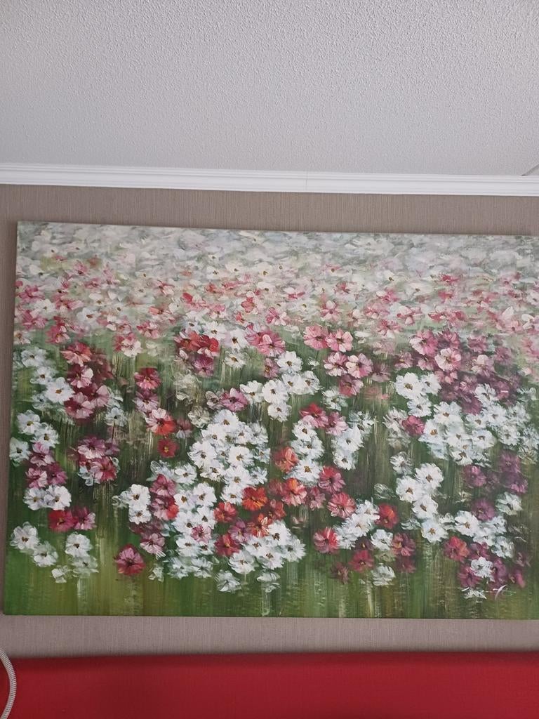 Groot Olieverfschilderij Bloemenveld 1.60m x 1.20m, Ophalen of Verzenden