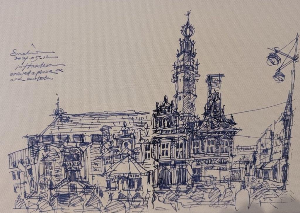 Tekening Emeline Lin: eten en schetsen voor Stadhuis Haarlem, Ophalen of Verzenden