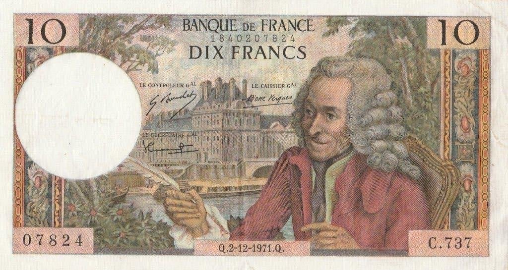 Het bankbiljet van 10 francs Voltaire uit 1971, Ophalen of Verzenden, Frankrijk, Los biljet