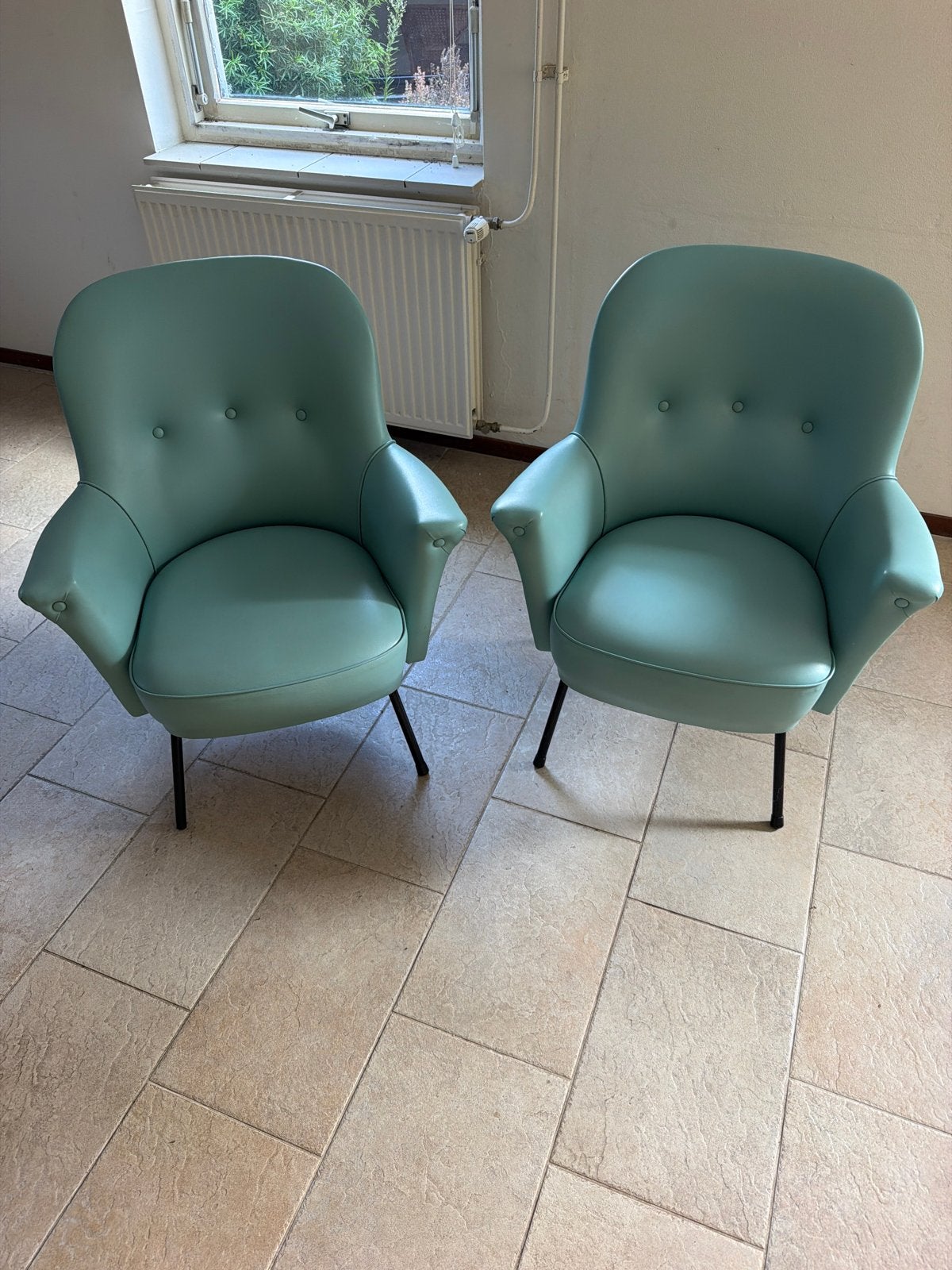 Set van 2 vintage fauteuils in mintgroen, Antiek en Kunst, Antiek | Meubels | Stoelen en Banken, Ophalen