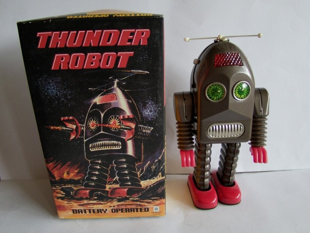 Oude blikken Ha Ha Toy Thunder Robot met Doos, bruin. China, Verzamelen, Ophalen of Verzenden, Zo goed als nieuw