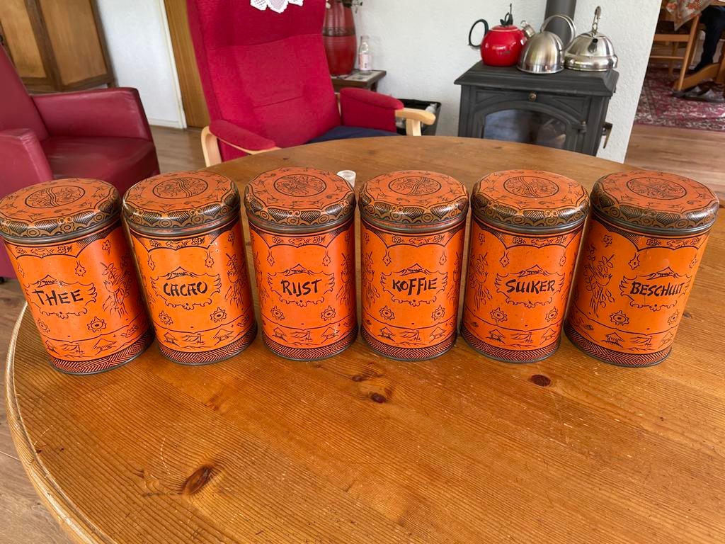 Set van 6 vintage oranje voorraadblikken, Verzamelen, Blikken, Gebruikt, Ophalen of Verzenden