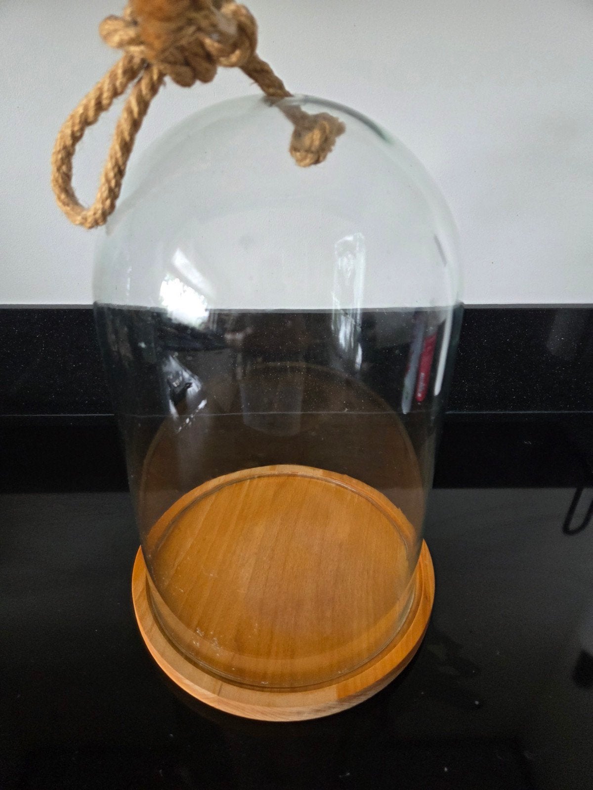 Glazen stolp met houten voet en touw, 30cm hoog, Ophalen, Gebruikt, Landelijk, Glas