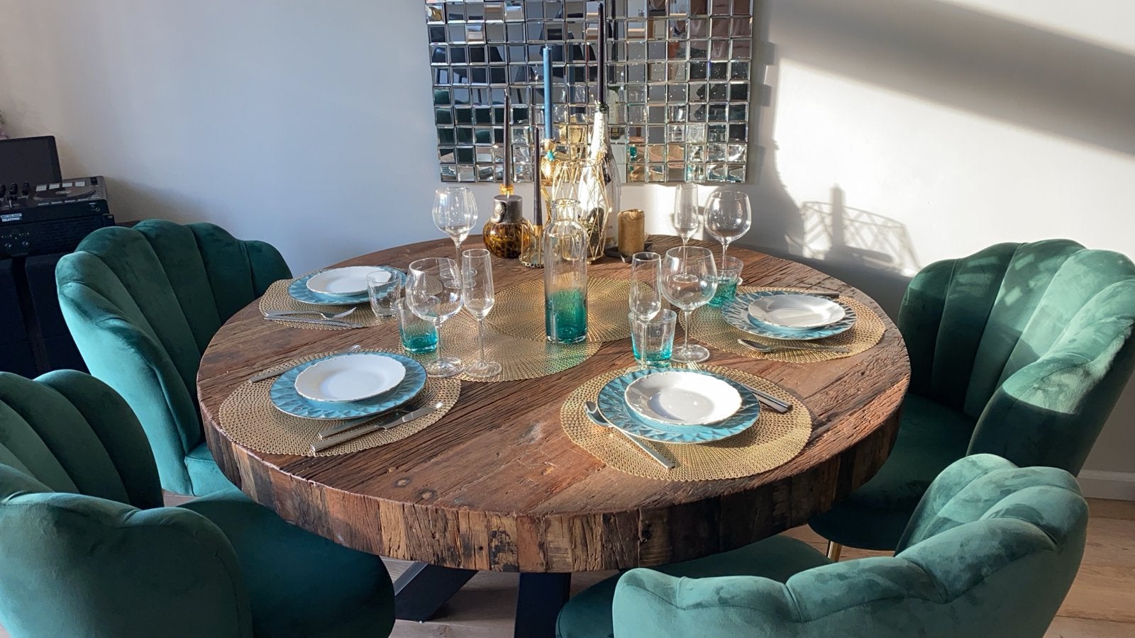 Richmond eettafel met 4 groene stoelen - Zeer goede staat, Huis en Inrichting, Ophalen, Rond, 50 tot 100 cm, Zo goed als nieuw
