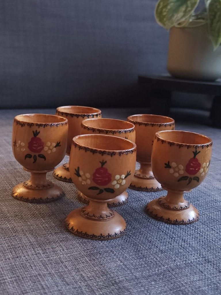 Vintage eierdopjes hout set 6, Overige materialen, Verzenden, Overige typen, Zo goed als nieuw