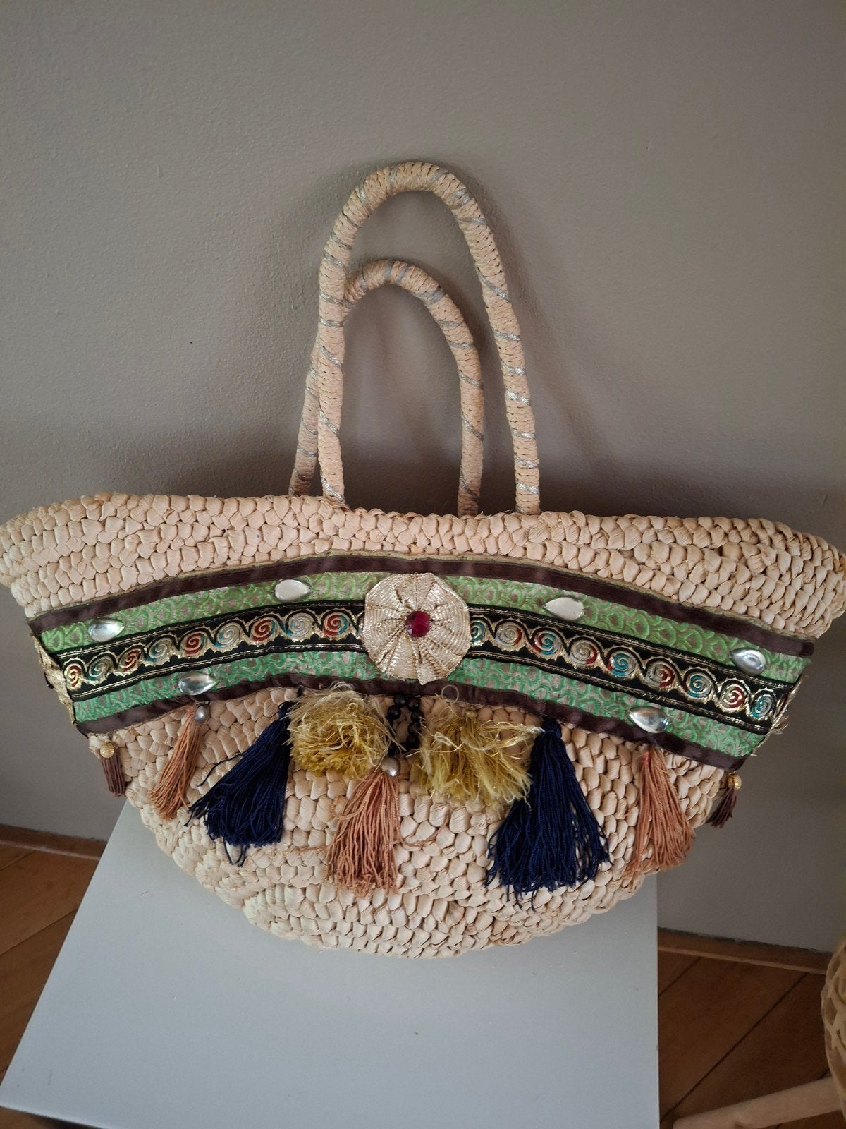 rieten strandtas met kleurrijke details, Ophalen of Verzenden, Gebruikt, Beige, Shopper