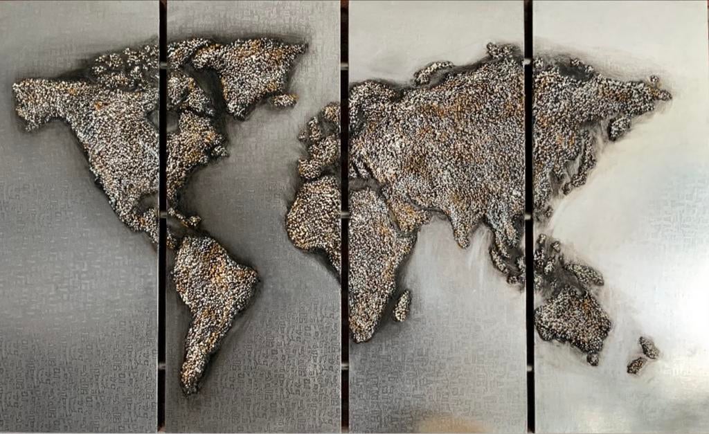 Uniek Wereldkaart Kunstwerk - 4-delig Metaal, Ophalen, Gebruikt