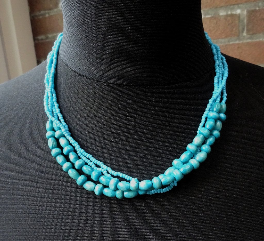 Ketting 4 snoertjes Aqua blauwe hout en kleine glaskraaltjes, Overige materialen, Verstelbaar, Zo goed als nieuw, Verzenden