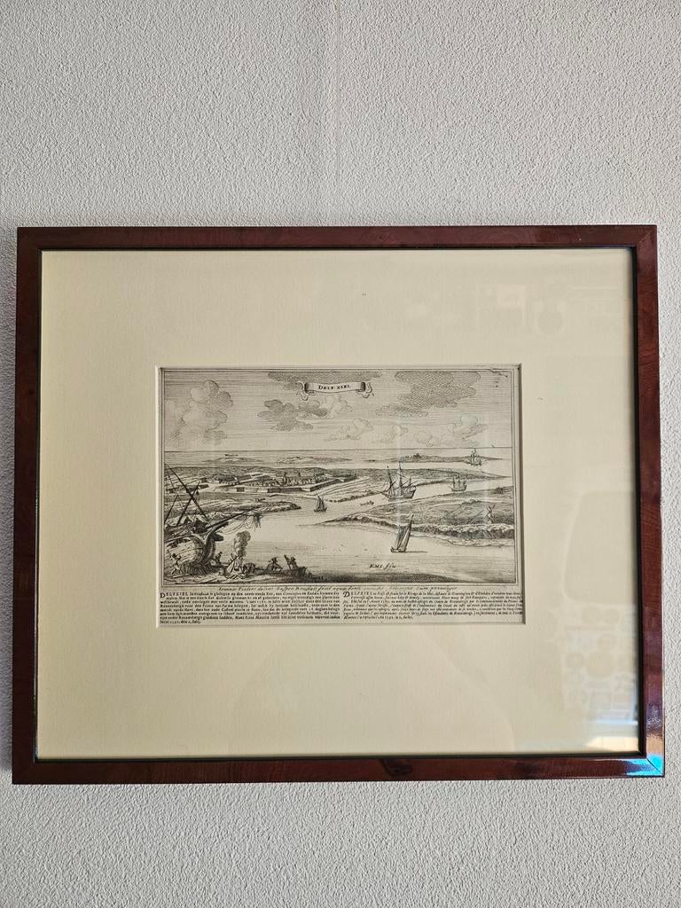 Antieke Prent Delfzijl Havengezicht - Ingelijst, Antiek en Kunst, Ingelijst, Stadsgezicht, Ophalen of Verzenden, Gravure