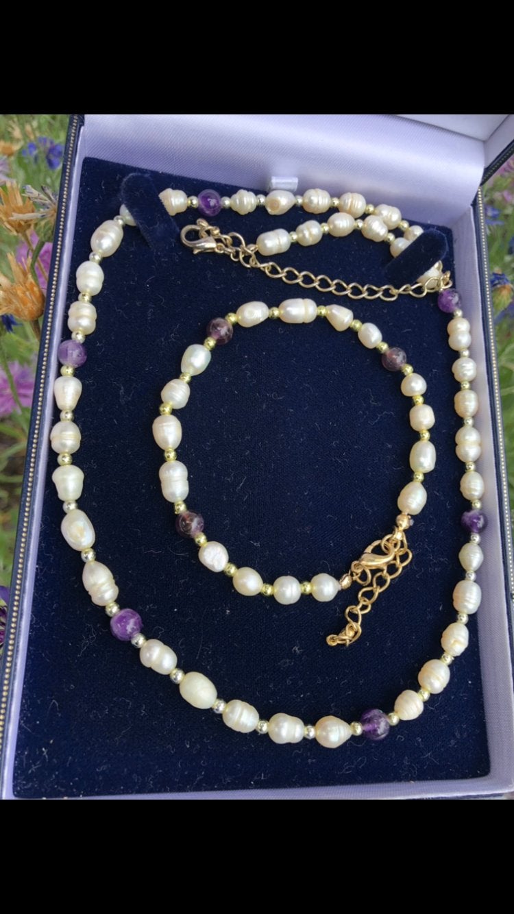 Parel ketting Armband Set Echte Parels Met Amethist Vintage, Paars, Ophalen of Verzenden, Zo goed als nieuw, Steen of Mineraal
