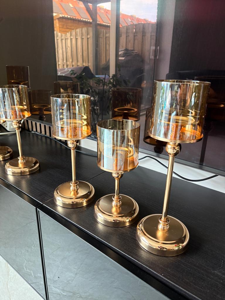 Set van 3 gouden kandelaars met glazen cilinders, Huis en Inrichting, Woonaccessoires | Kandelaars en Kaarsen, Ophalen, Zo goed als nieuw