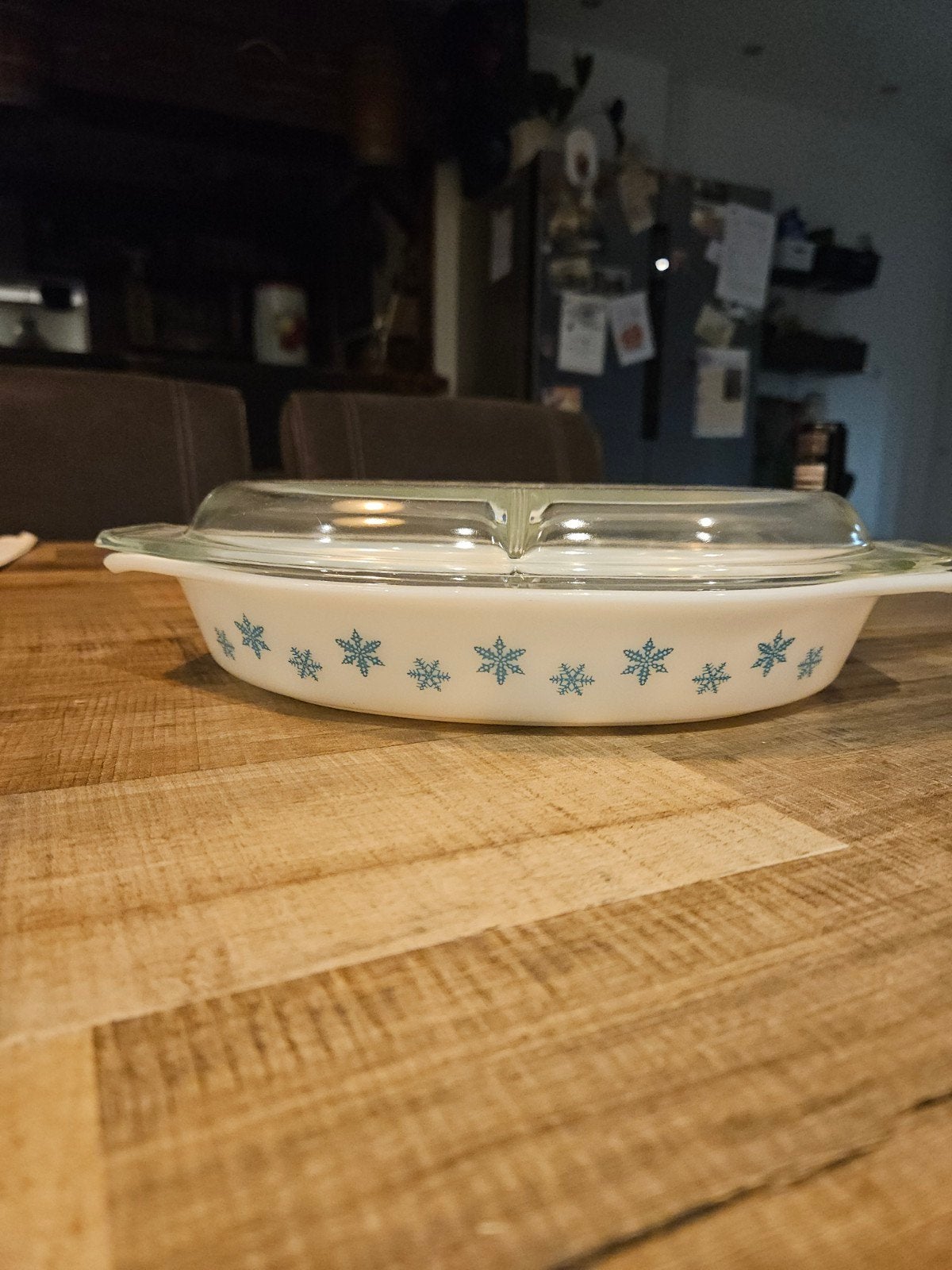 Vintage Pyrex Snowflake Blue ovenschaal met origineel deksel, Ophalen of Verzenden
