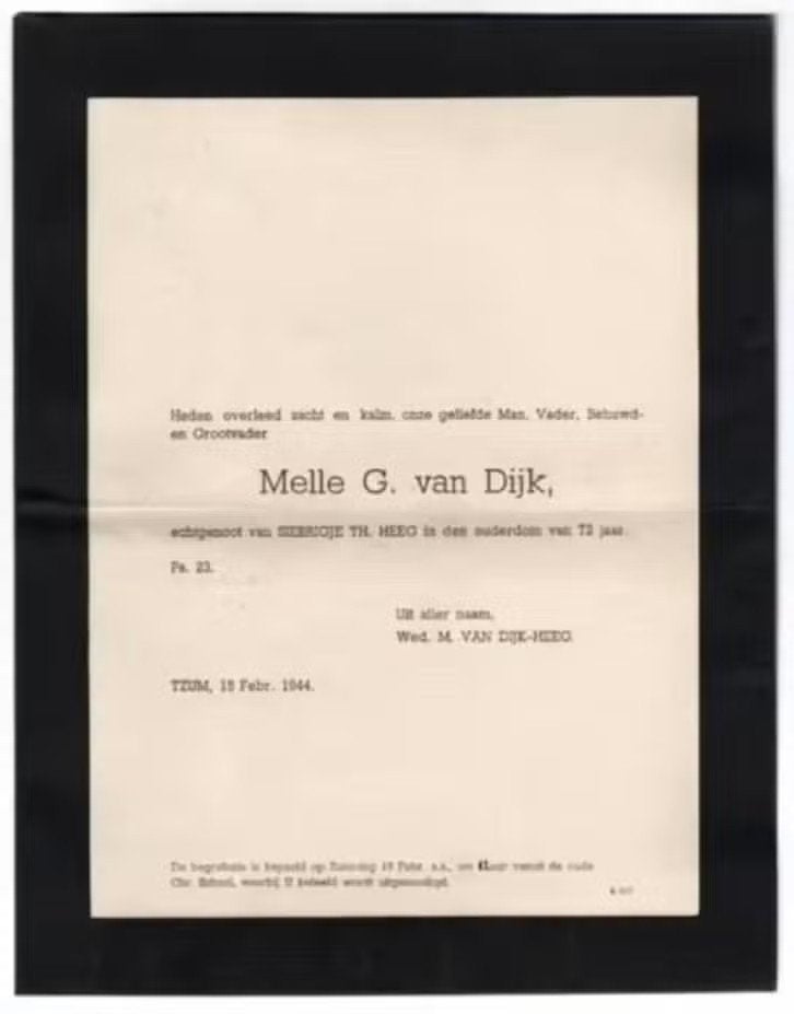 Rouwbrief Tzum Van Dijk, Heeg 1944., Ophalen of Verzenden, Rouwkaart