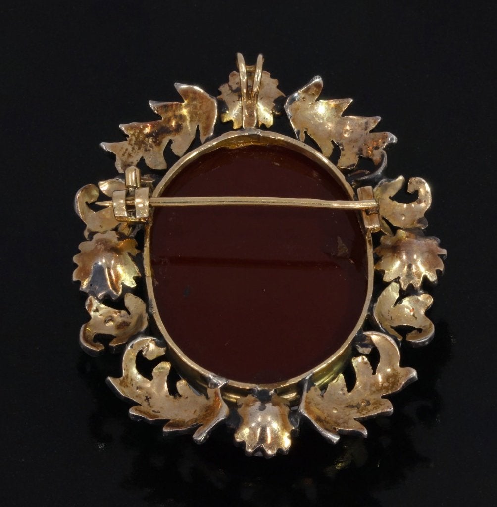 Diamanten camee antieke 14k gouden hanger broche parel fraai, Ophalen of Verzenden, Goud, Hanger, Met edelsteen