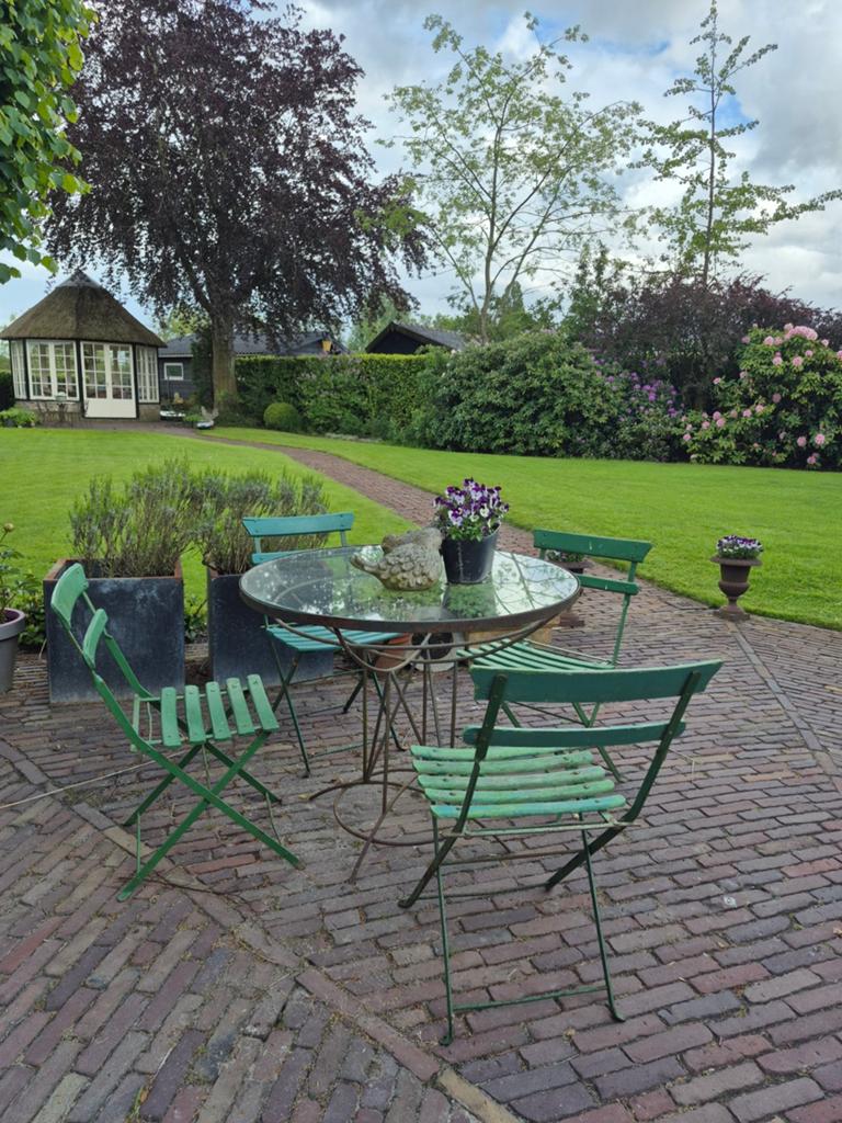 Frans bistroset met 4 klapstoelen en tafel (90 cm), Tuin en Terras, Tuinsets en Loungesets, Ophalen, Gebruikt, Tuinset, Eettafel