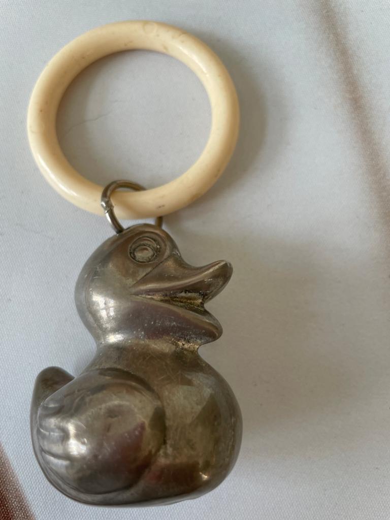 Vintage zilveren eend rammelaar met ivoren ring, Ophalen of Verzenden, Zilver