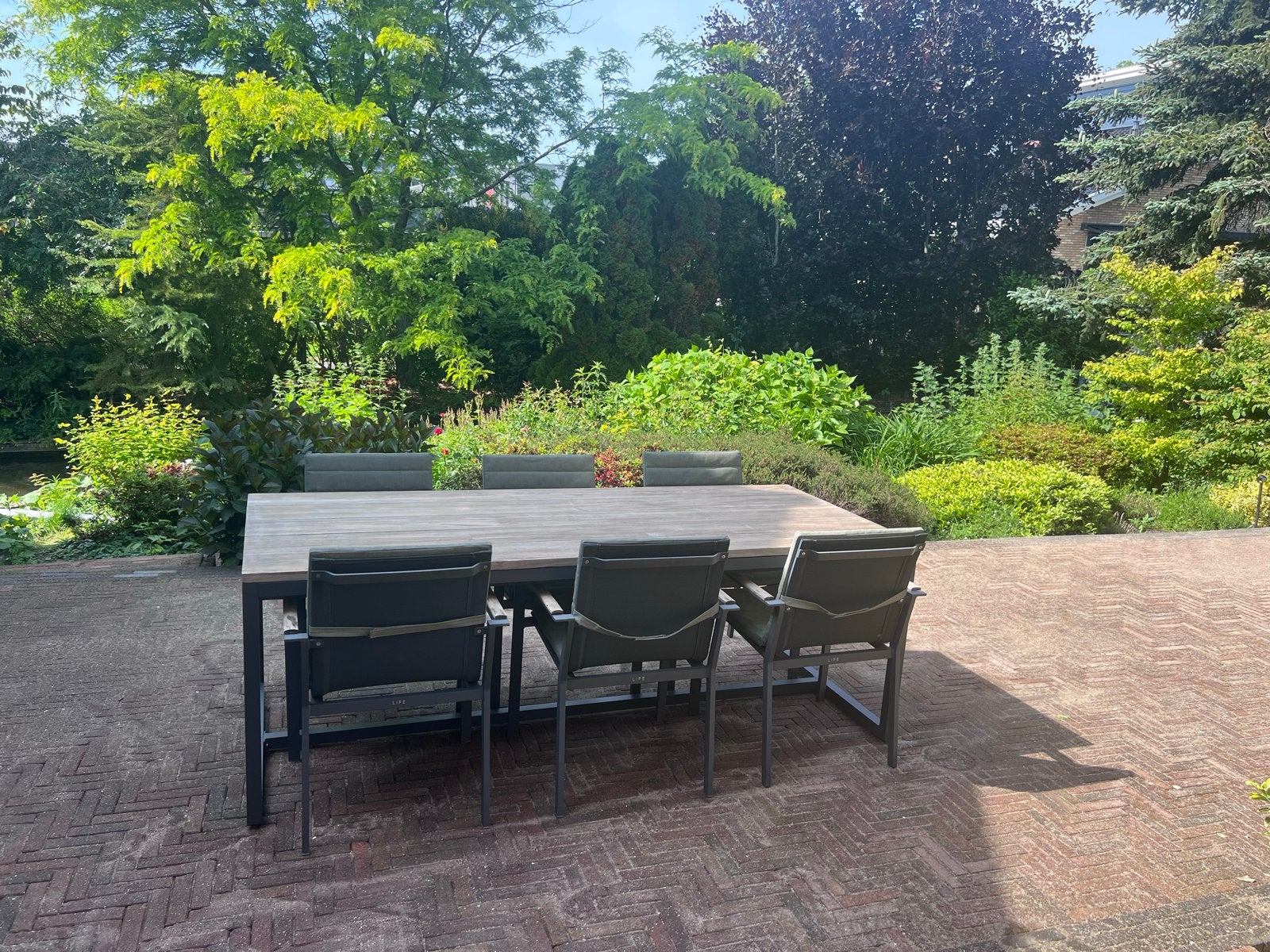 Teakhouten tuintafel 220x92 cm met 6 stoelen., Tuin en Terras, Tuinsets en Loungesets, Ophalen, Gebruikt, Eettafel, Teakhout