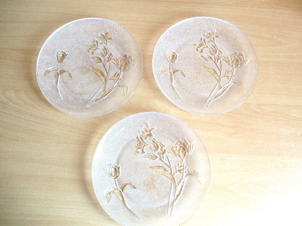 3 Gebaksbordjes - glas - met rozen, Ophalen of Verzenden, Bord(en), Overige stijlen, Glas