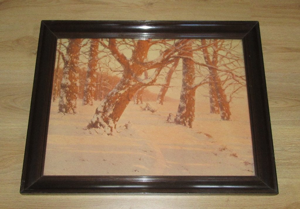 1930 groot schilderij beuken bos winter antieke houten lijst, Ophalen