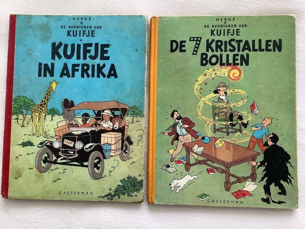HERGÉ Kuifje in Afrika, Kuifje en de 7 kristallen bollen OUD, Gelezen, Ophalen of Verzenden, Meerdere stripboeken, Hergé