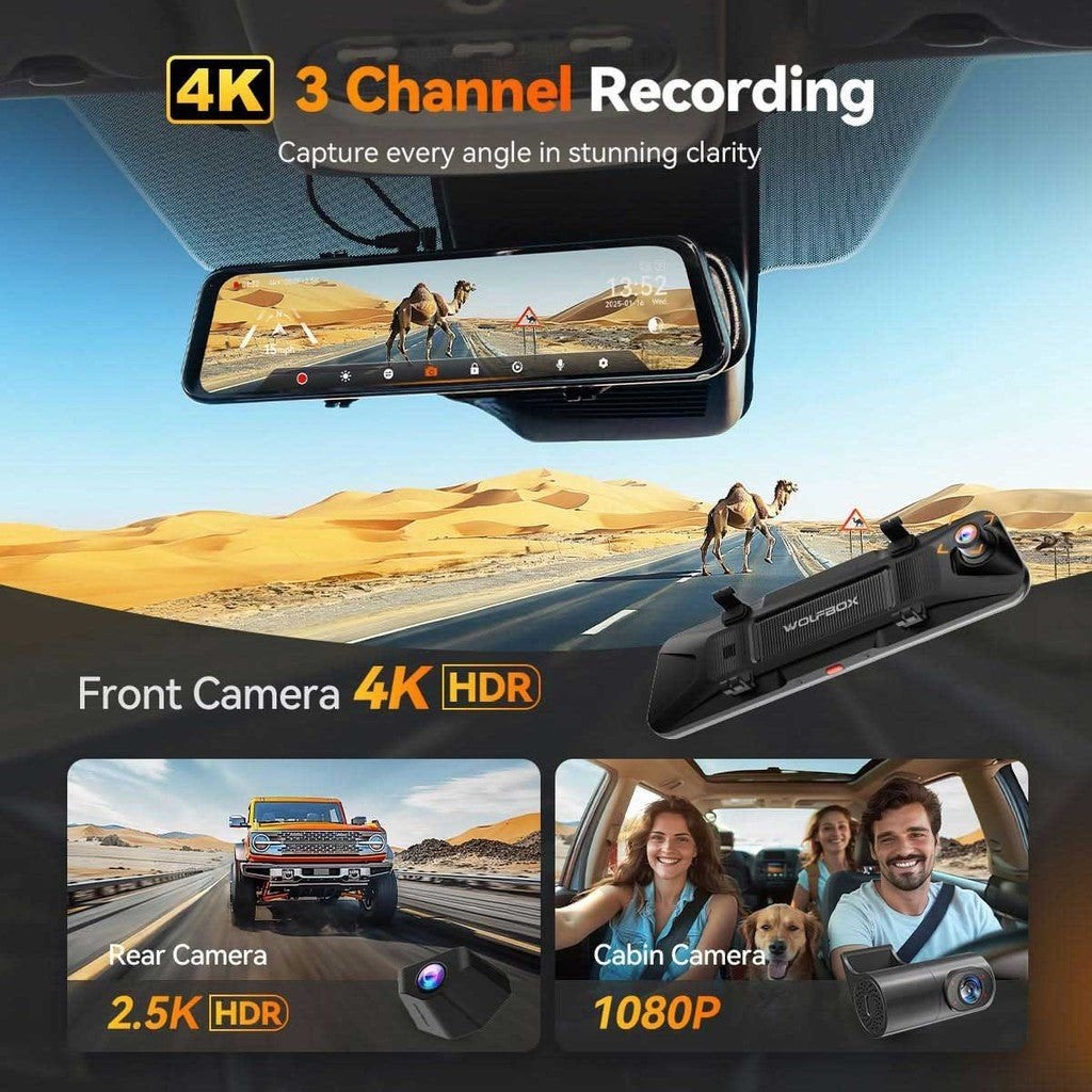 Wolfbox G900 tri pro 4K 3-kanaals dashcam met achteruitkijks, Auto diversen, Ophalen of Verzenden, Nieuw