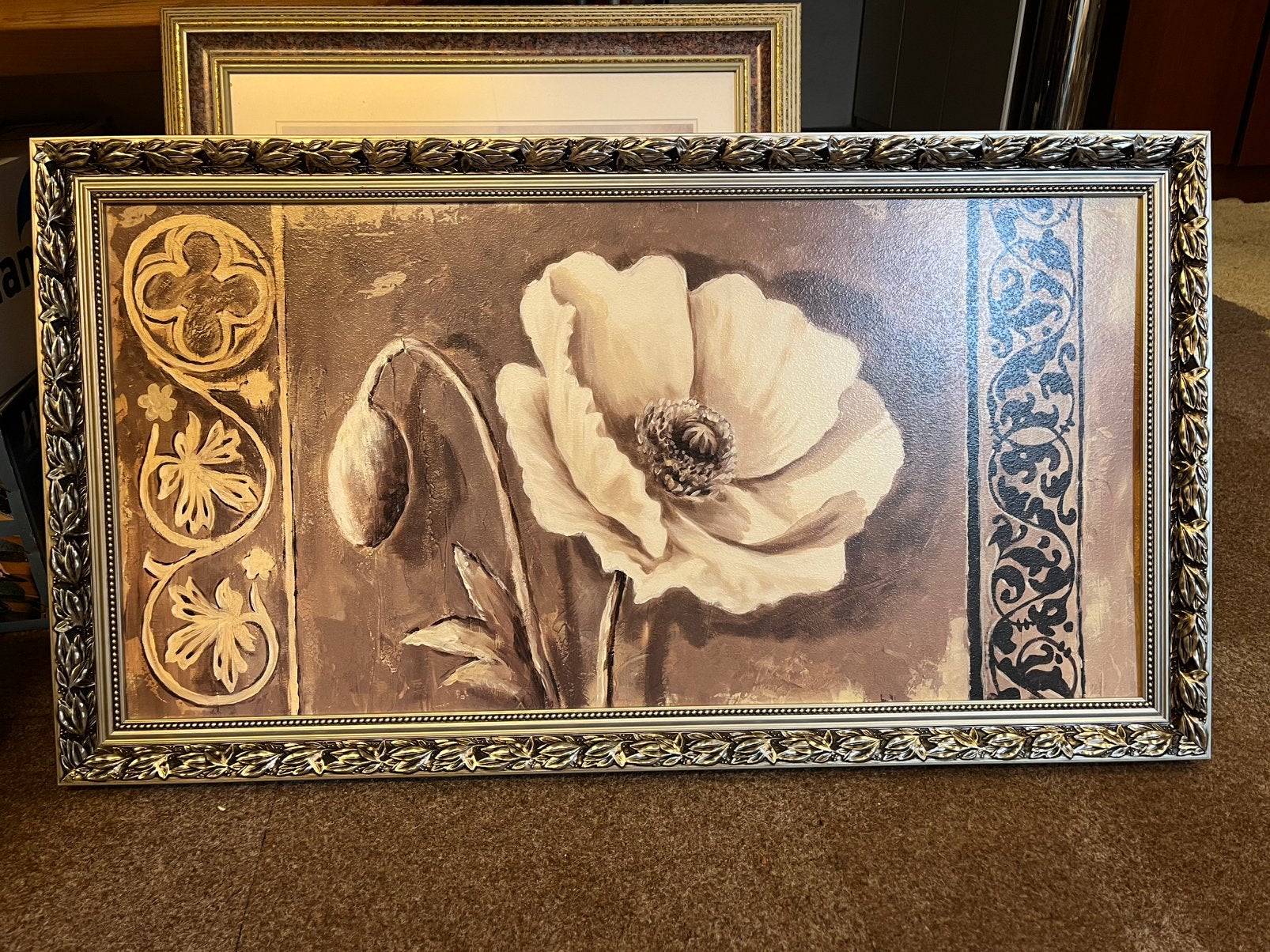 Landelijk/sober/stoer bruin schilderij+ lijst zilver 60x110, Huis en Inrichting, Woonaccessoires | Lijsten, Ophalen, Zo goed als nieuw