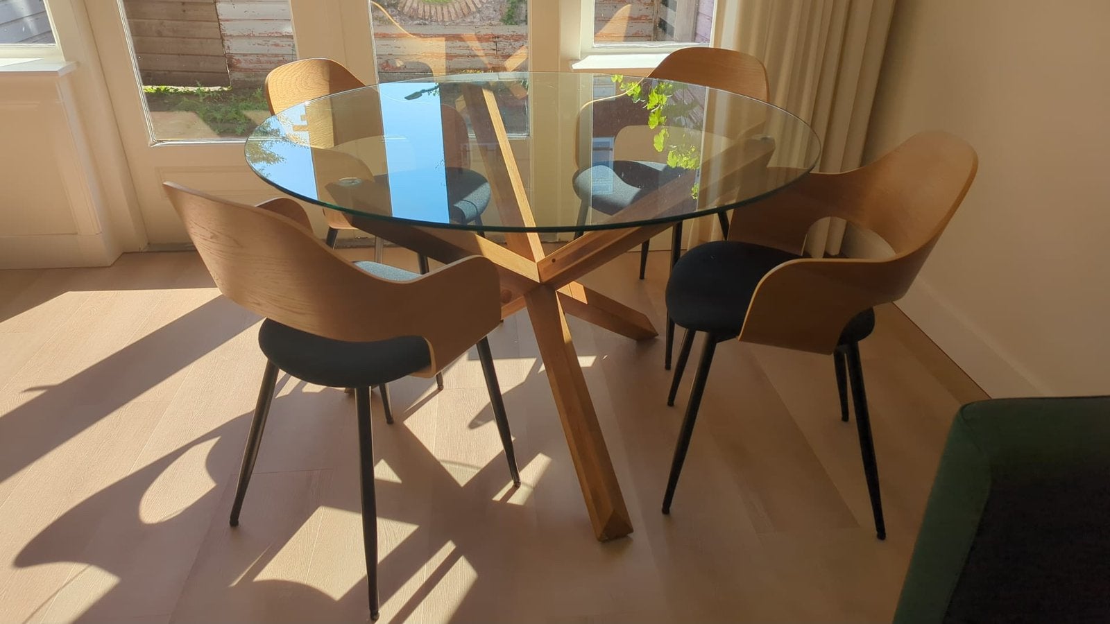 Eethoek rond glas / eiken met 4 stoelen, Ophalen, 100 tot 150 cm, Rond, Glas