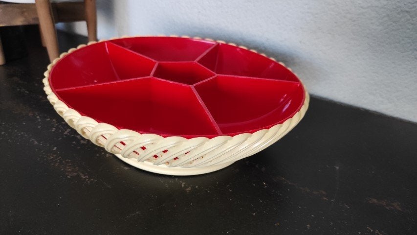 Vintage snackschaal vakkenschaal Emsa rood wit, Kunststof, Gebruikt, Schaal, Rond