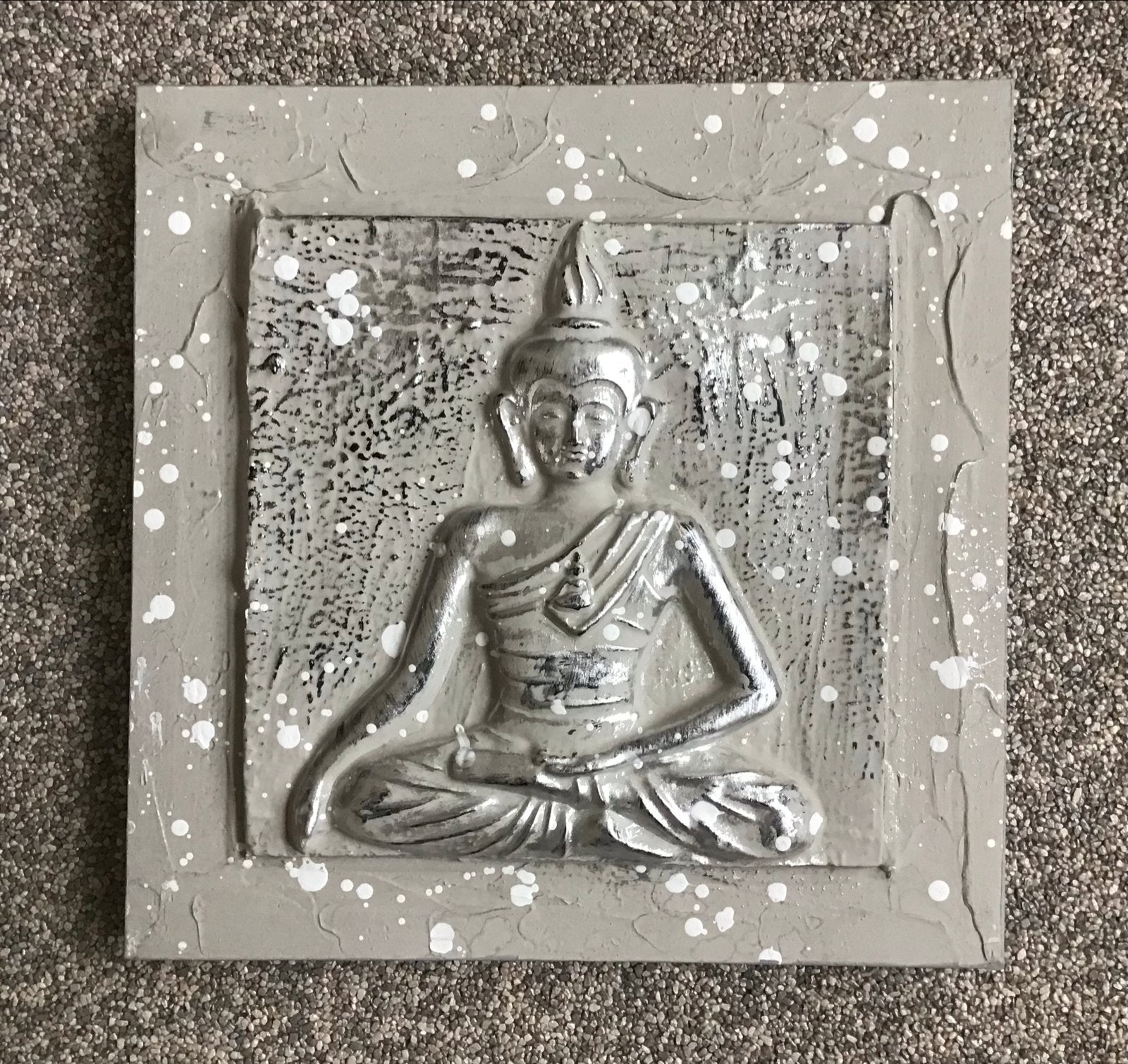 Zilverkleurig 3D Boeddha Schilderij - Wanddecoratie 35x35cm, 35 cm, Zwart, Ophalen of Verzenden, Zo goed als nieuw