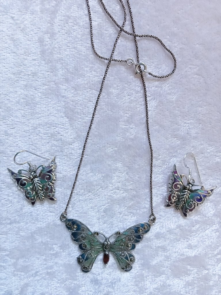 Mooie Zilveren Tiffany Set - Vlinder - Ketting met Oorhanger, Verzenden, Zilver, Ketting, Met edelsteen