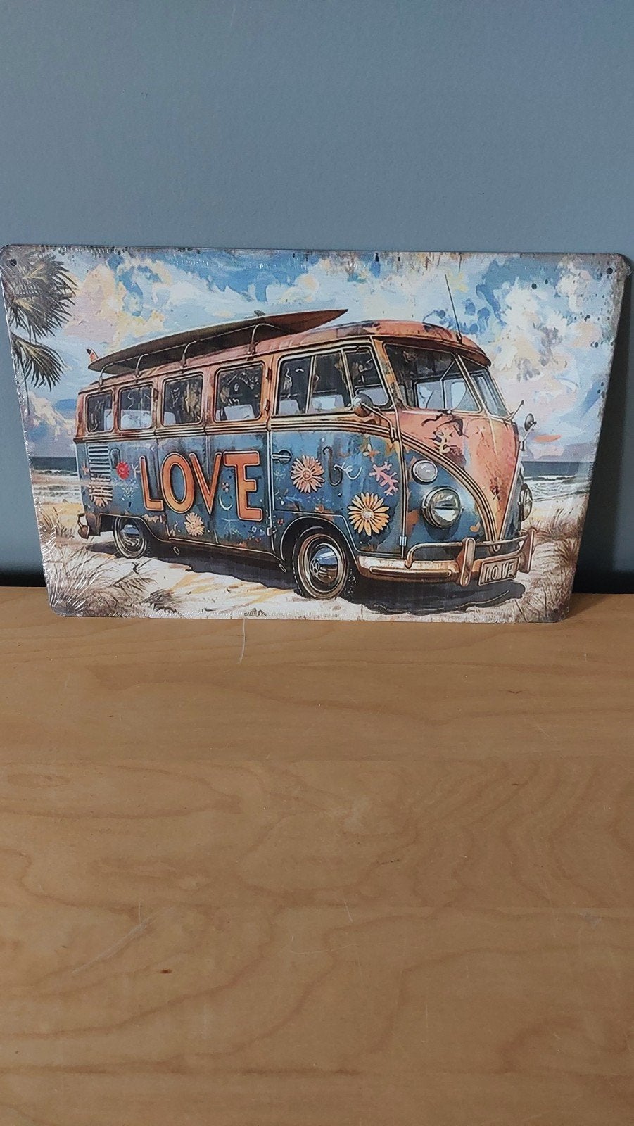 Decoratief bord 20x30cm met VW busje en 'Love' print, Metaal, Ophalen of Verzenden, Meerkleurig, Vintage