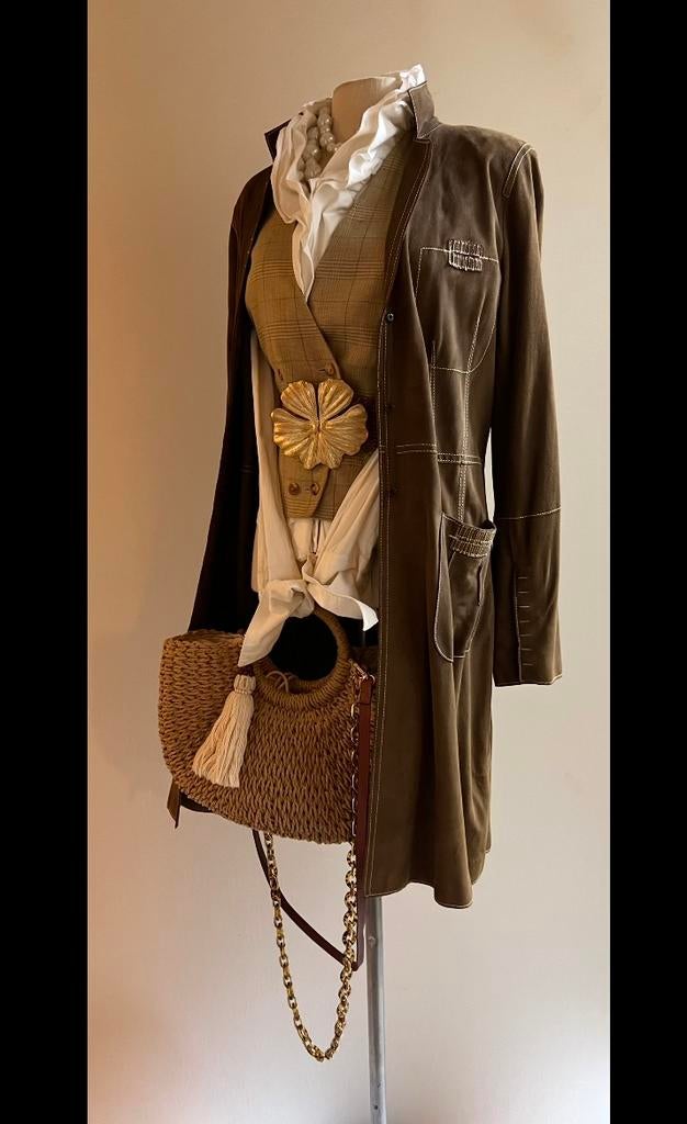 Madeleine (Pauw) 38/40 lamsleren suede lange jas bruin, Kleding | Dames, Verzenden, Zo goed als nieuw, Maat 38/40 (M), Bruin