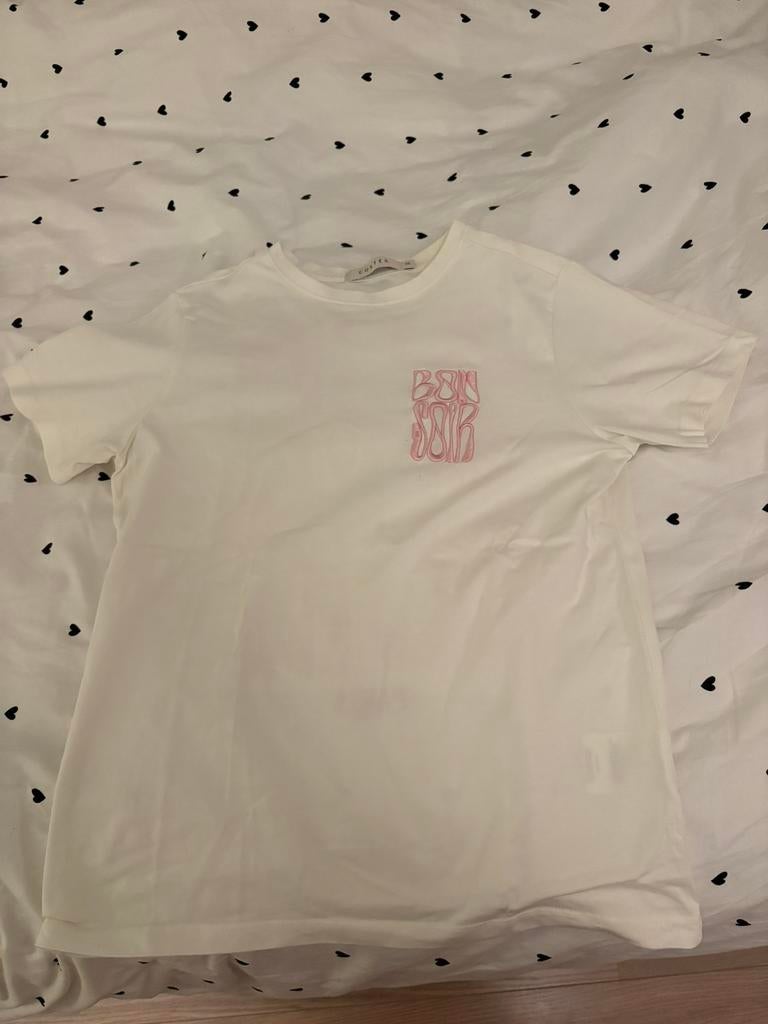 Wit t-shirt met roze backprint - maat xs, Wit, Ophalen of Verzenden, Zo goed als nieuw, Korte mouw