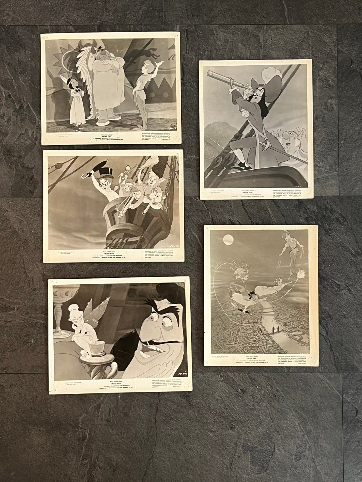 5 zwartwit lobby kaarten Peter Pan, 1953, Ophalen of Verzenden, Peter Pan of Pinokkio, Gebruikt, Plaatje of Poster