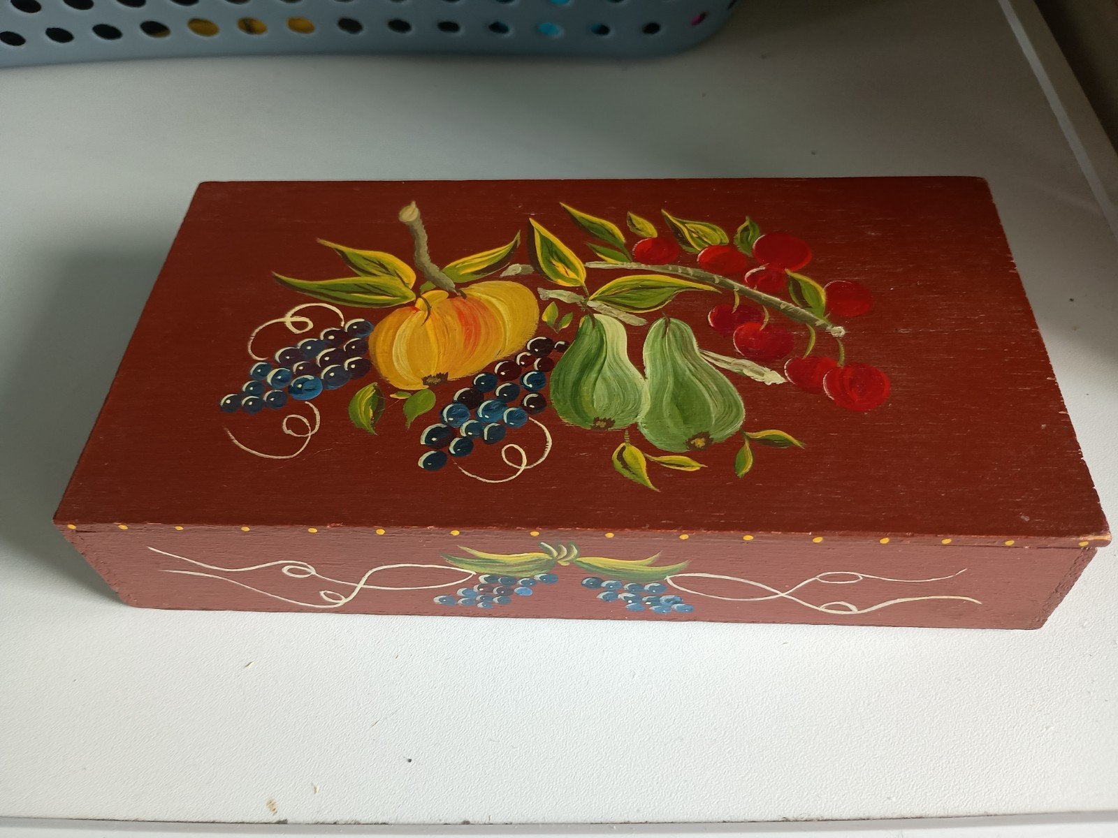 Vintage houten sigarendoos met handgeschilderd fruit, Ophalen of Verzenden, Tabaksdoos of Verpakking
